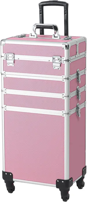Karl home 4 in 1 Makeup Train Case Rolling Cosmetic Trolley Large Capacity Travel Organizer with Key 360°Swivel Wheels for Beauticians Hairstylists Nail Tech Students, Pink