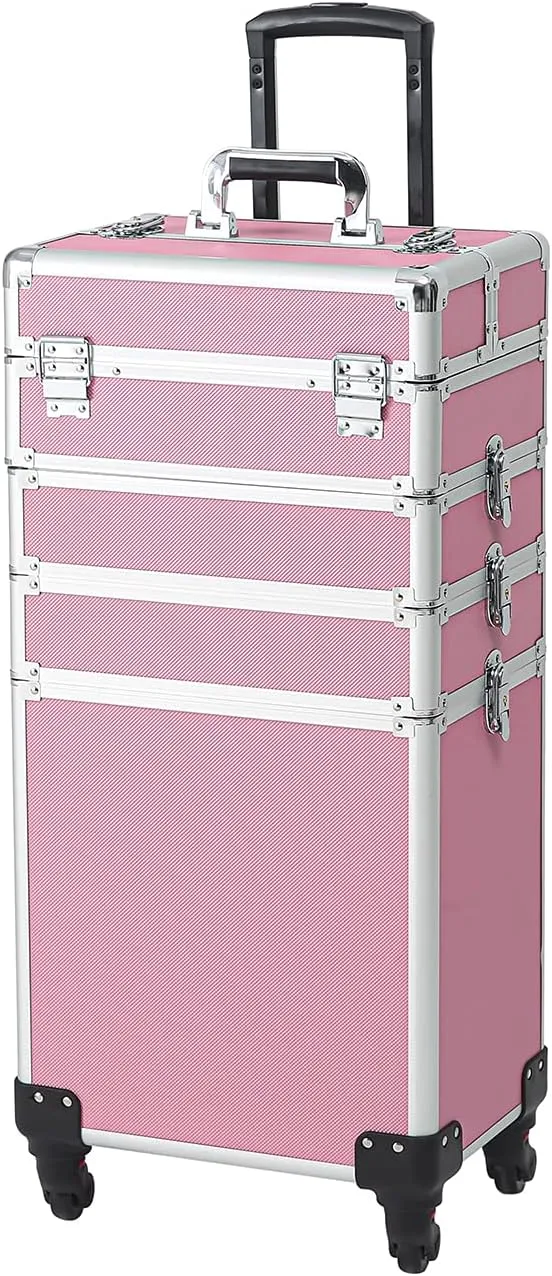 Karl home 4 in 1 Makeup Train Case Rolling Cosmetic Trolley Large Capacity Travel Organizer with Key 360°Swivel Wheels for Beauticians Hairstylists Nail Tech Students, Pink