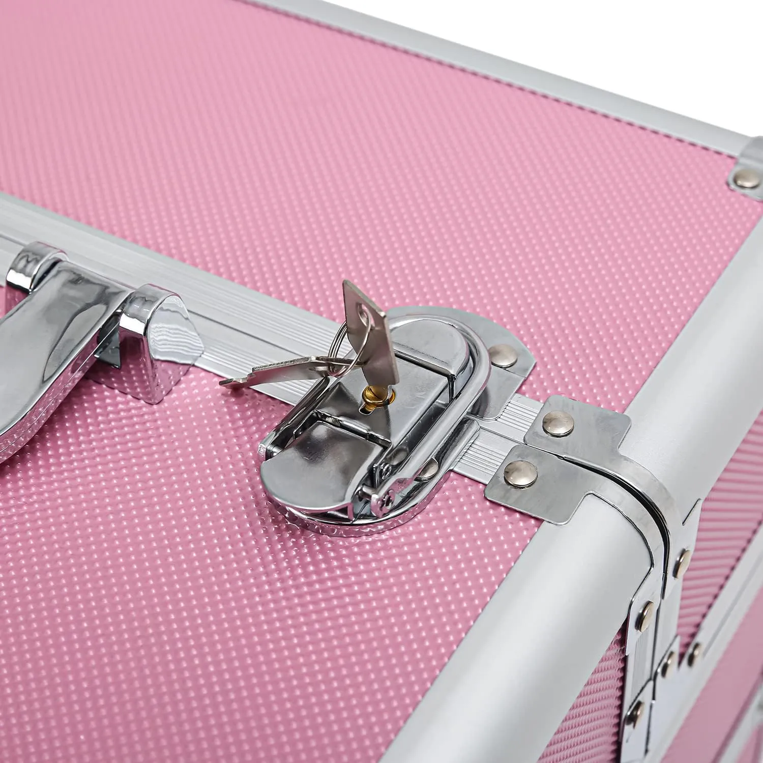 Karl home 4 in 1 Makeup Train Case Rolling Cosmetic Trolley Large Capacity Travel Organizer with Key 360°Swivel Wheels for Beauticians Hairstylists Nail Tech Students, Pink
