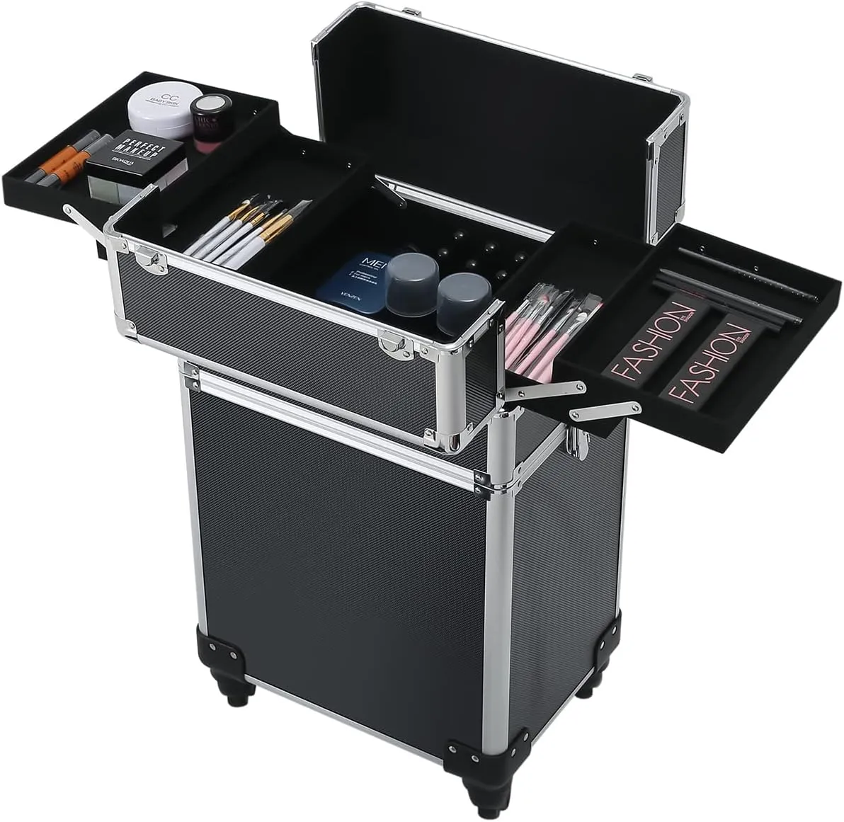 Karl home 4 in 1 Makeup Train Case Rolling Cosmetic Trolley Large Capacity Travel Organizer with Key 360°Swivel Wheels Suitcase for Beauticians Hairstylists Nail Tech Students, Black