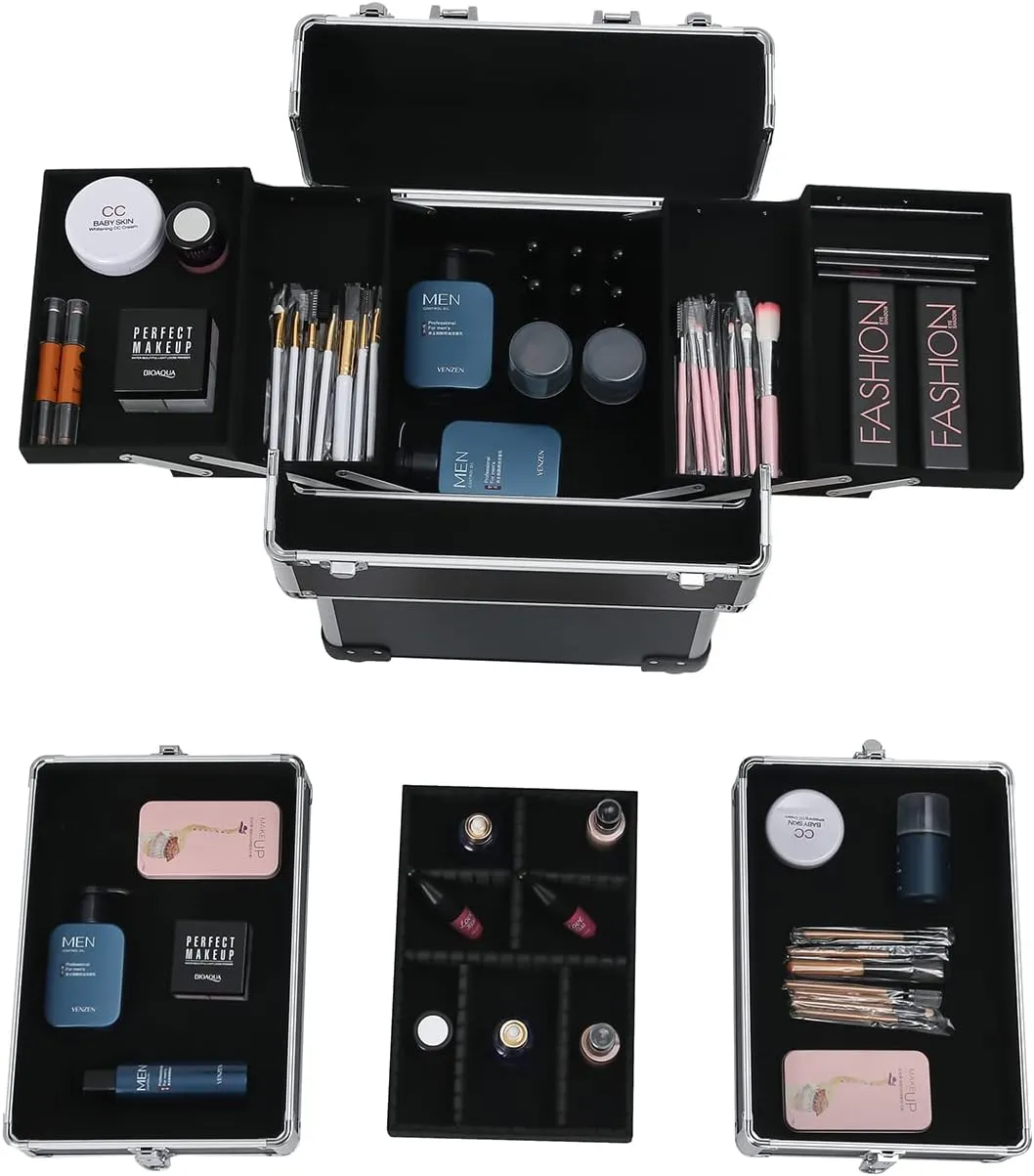Karl home 4 in 1 Makeup Train Case Rolling Cosmetic Trolley Large Capacity Travel Organizer with Key 360°Swivel Wheels Suitcase for Beauticians Hairstylists Nail Tech Students, Black
