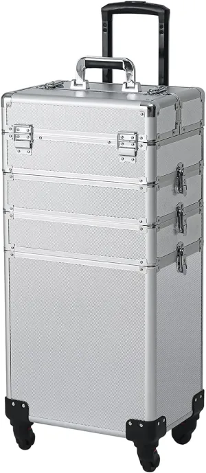 Karl home 4 in 1 Makeup Train Case Rolling Cosmetic Trolley Large Capacity Travel Organizer with Key 360°Swivel Wheels Suitcase for Beauticians Hairstylists Nail Tech Students, Silver