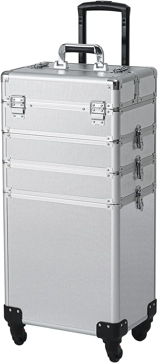 Karl home 4 in 1 Makeup Train Case Rolling Cosmetic Trolley Large Capacity Travel Organizer with Key 360°Swivel Wheels Suitcase for Beauticians Hairstylists Nail Tech Students, Silver