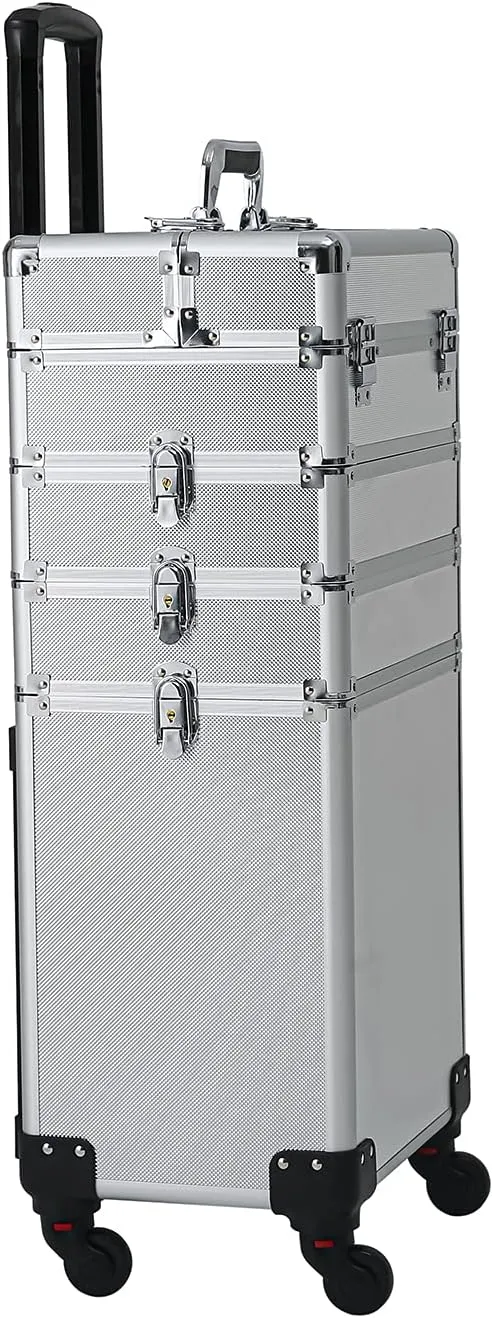Karl home 4 in 1 Makeup Train Case Rolling Cosmetic Trolley Large Capacity Travel Organizer with Key 360°Swivel Wheels Suitcase for Beauticians Hairstylists Nail Tech Students, Silver