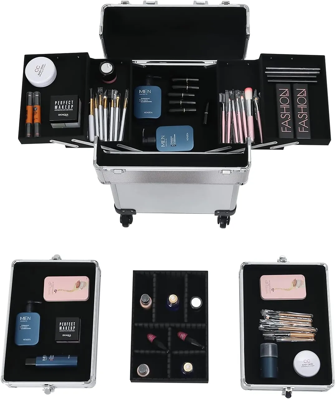 Karl home 4 in 1 Makeup Train Case Rolling Cosmetic Trolley Large Capacity Travel Organizer with Key 360°Swivel Wheels Suitcase for Beauticians Hairstylists Nail Tech Students, Silver