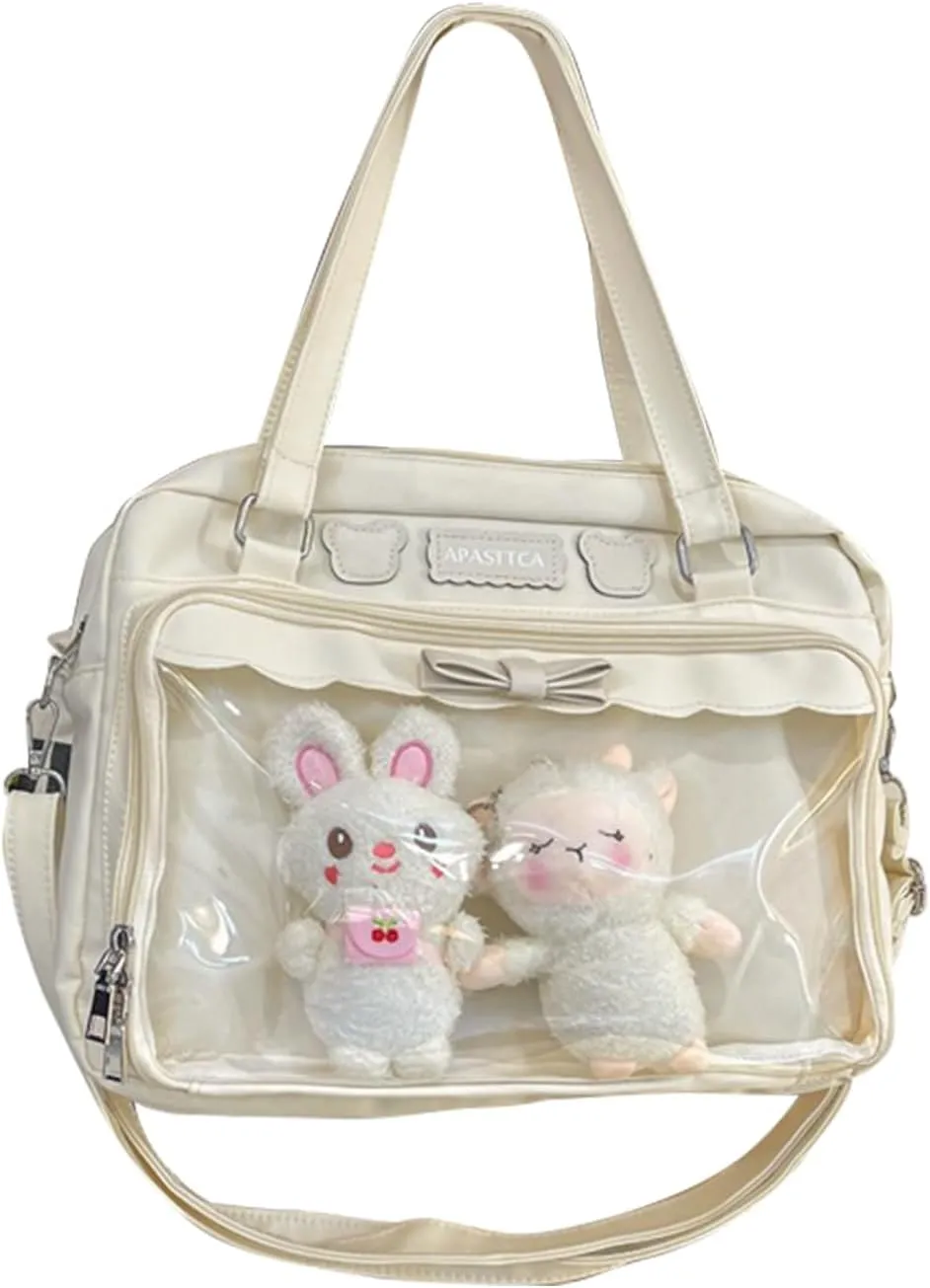 Kawaii Crossbody Bags Japanese Ita Bag Aesthetic Messenger Style Clear Compartment & 2 Cute Plush Dolls for Women (Beige)