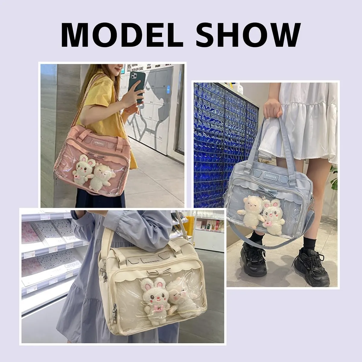 Kawaii Crossbody Bags Japanese Ita Bag Aesthetic Messenger Style Clear Compartment & 2 Cute Plush Dolls for Women (Beige)