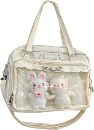 Kawaii Crossbody Bags Japanese Ita Bag Aesthetic Messenger Style Clear Compartment & 2 Cute Plush Dolls for Women (Beige)