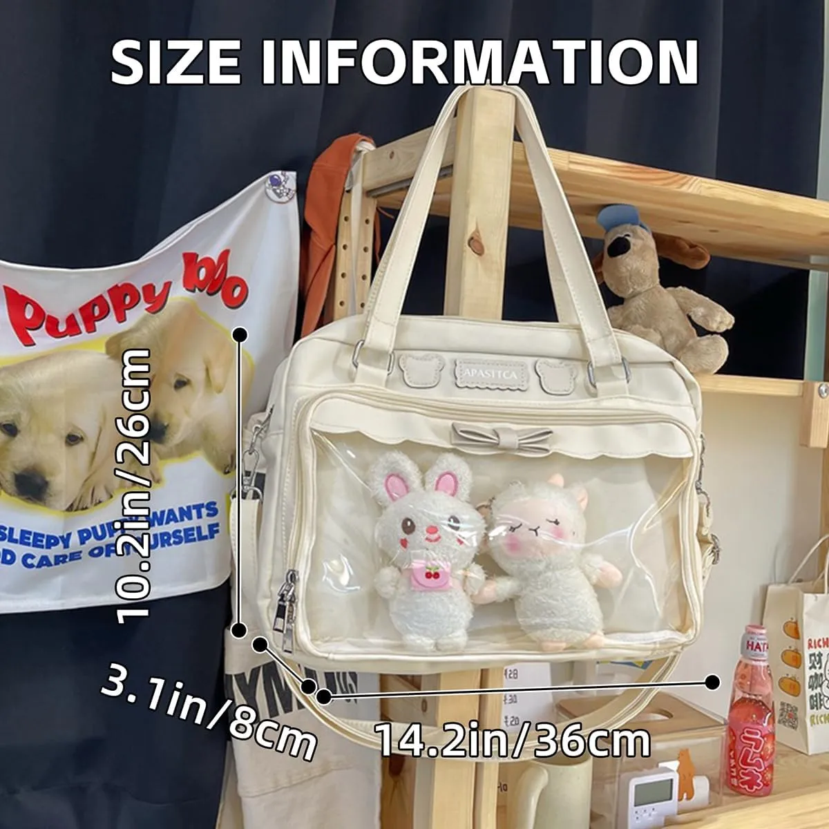 Kawaii Crossbody Bags Japanese Ita Bag Aesthetic Messenger Style Clear Compartment & 2 Cute Plush Dolls for Women (Beige)
