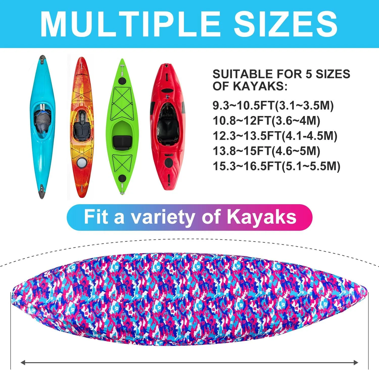 Kayak Cover, 420D Waterproof Kayak Covers for Outdoor Storage, Ultra Strong Canoe Storage Oxford UV Resistant Dust Cover Sunblock Fishing Boat Cover Shield Protector- Camouflage