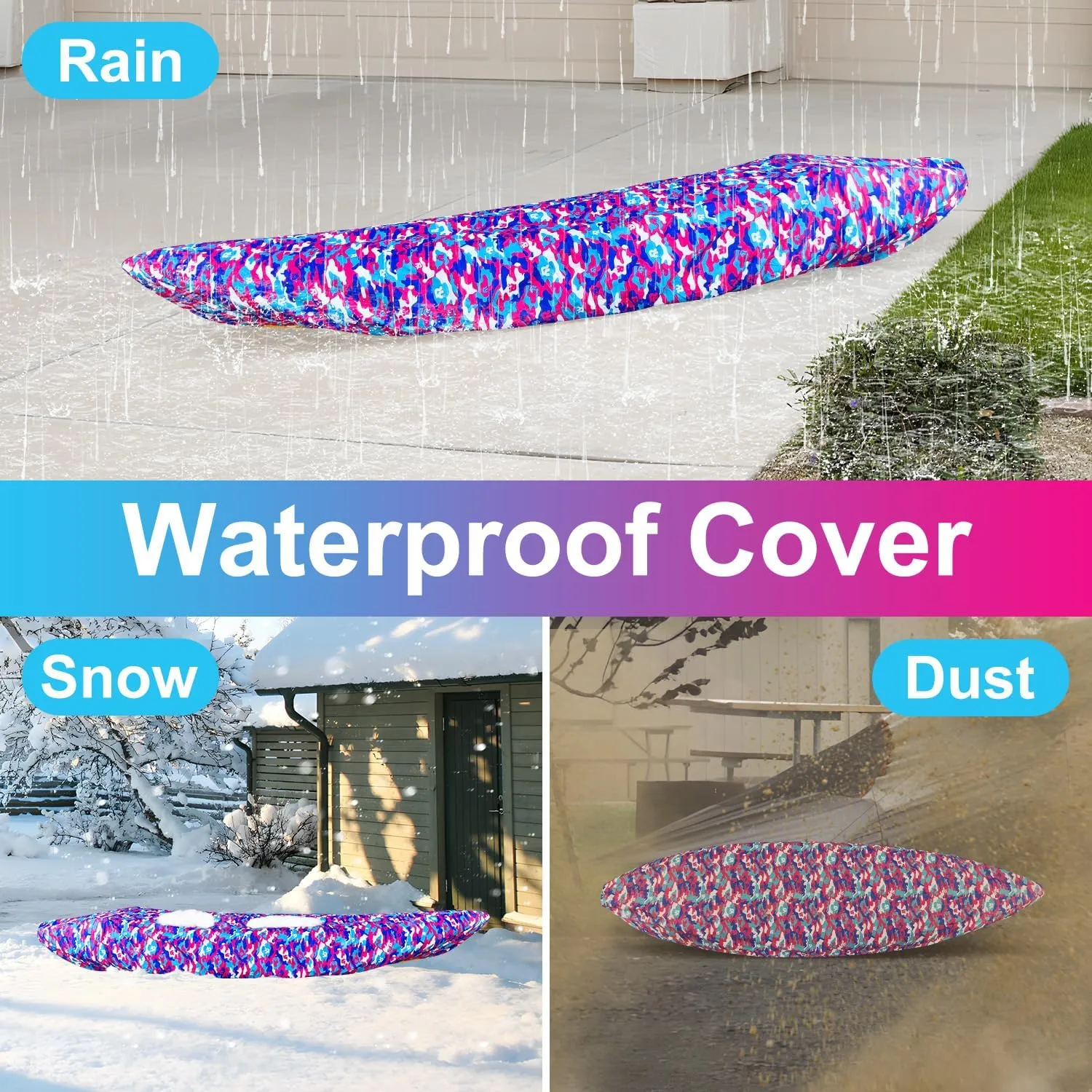 Kayak Cover, 420D Waterproof Kayak Covers for Outdoor Storage, Ultra Strong Canoe Storage Oxford UV Resistant Dust Cover Sunblock Fishing Boat Cover Shield Protector- Camouflage
