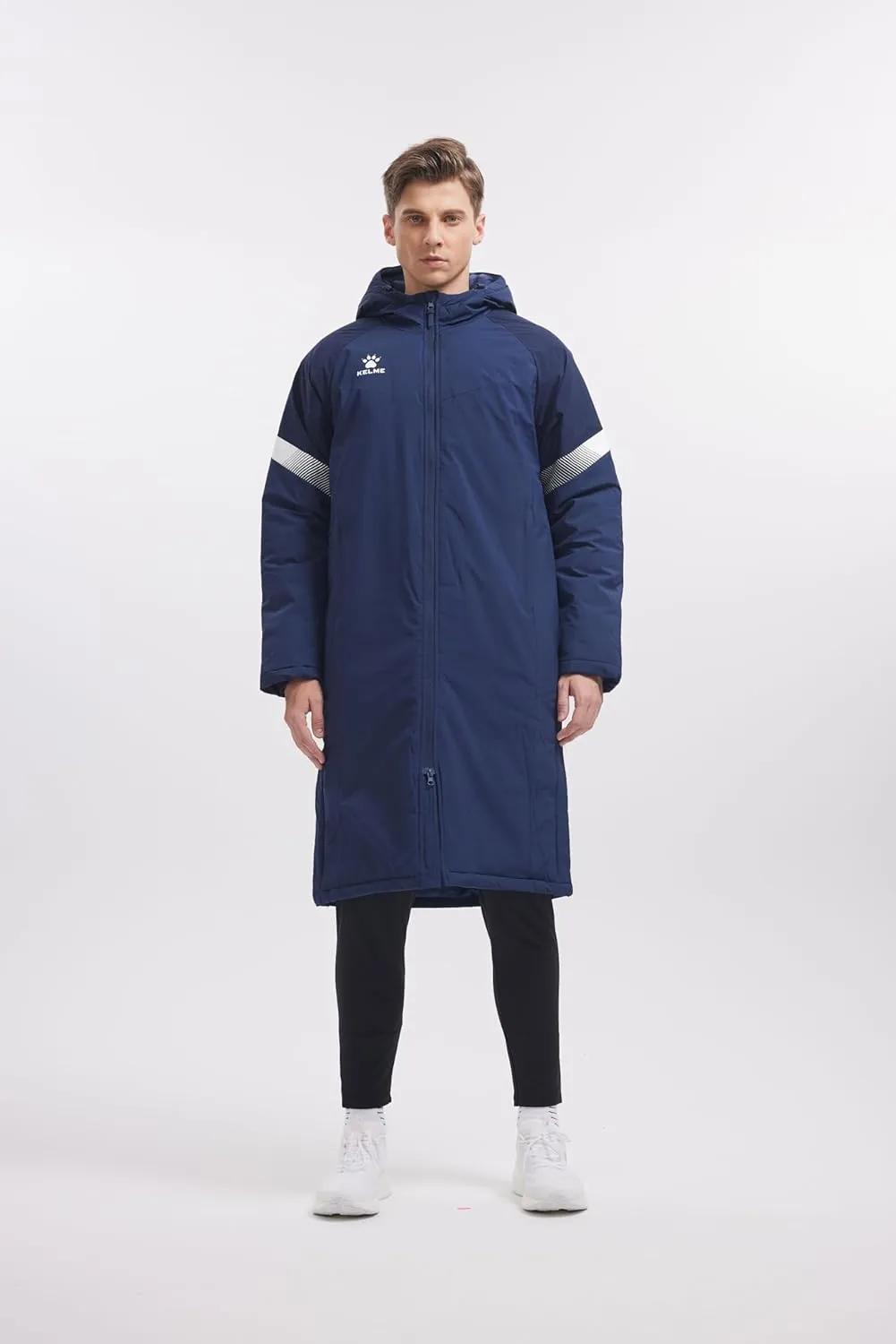 KELME Men's Long Parka Winter Coats, Windproof Hooded Soccer Jacket, Stadium Outdoor Cold Weather Warm Outerwear