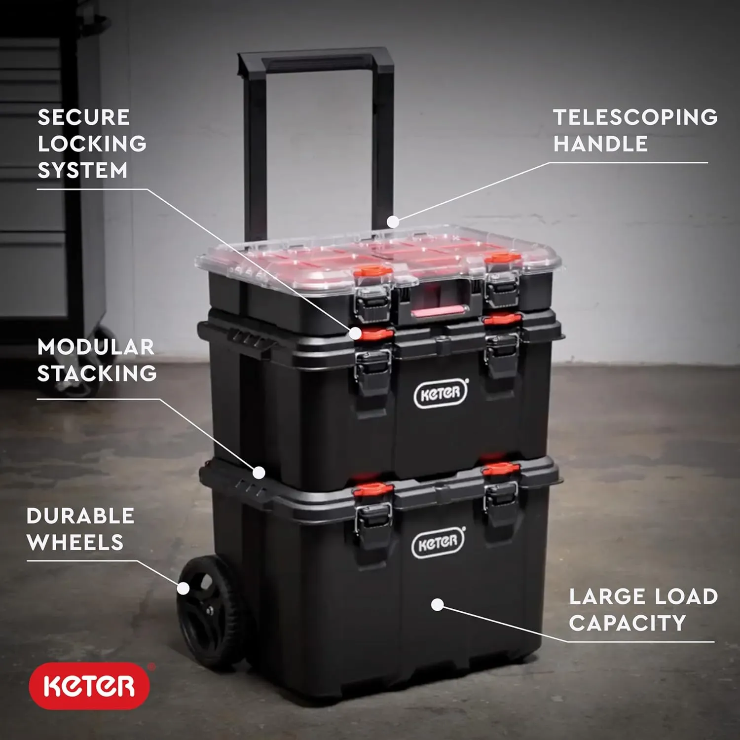 Keter Stack-n-Roll Modular Tools Organizer for Garage Storage and DIY, 3 Piece Resin Rolling Tool Box System for Small Parts