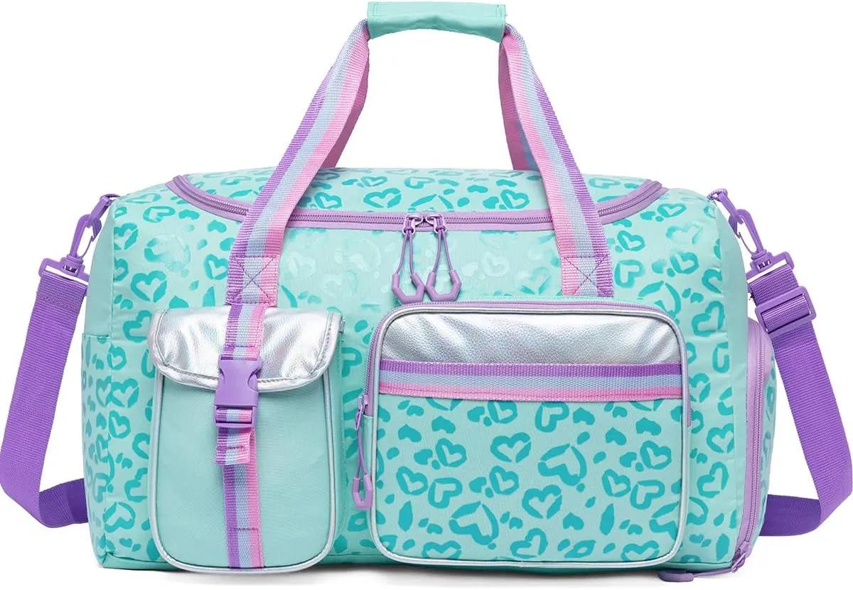 Kids Duffle Bag Girls Women Travel Bag Gifts Overnight Bag for Girls Women Tote Bag Sleepover Bag for Girls Gym Dance Bag with Shoes Compartment, Love Green