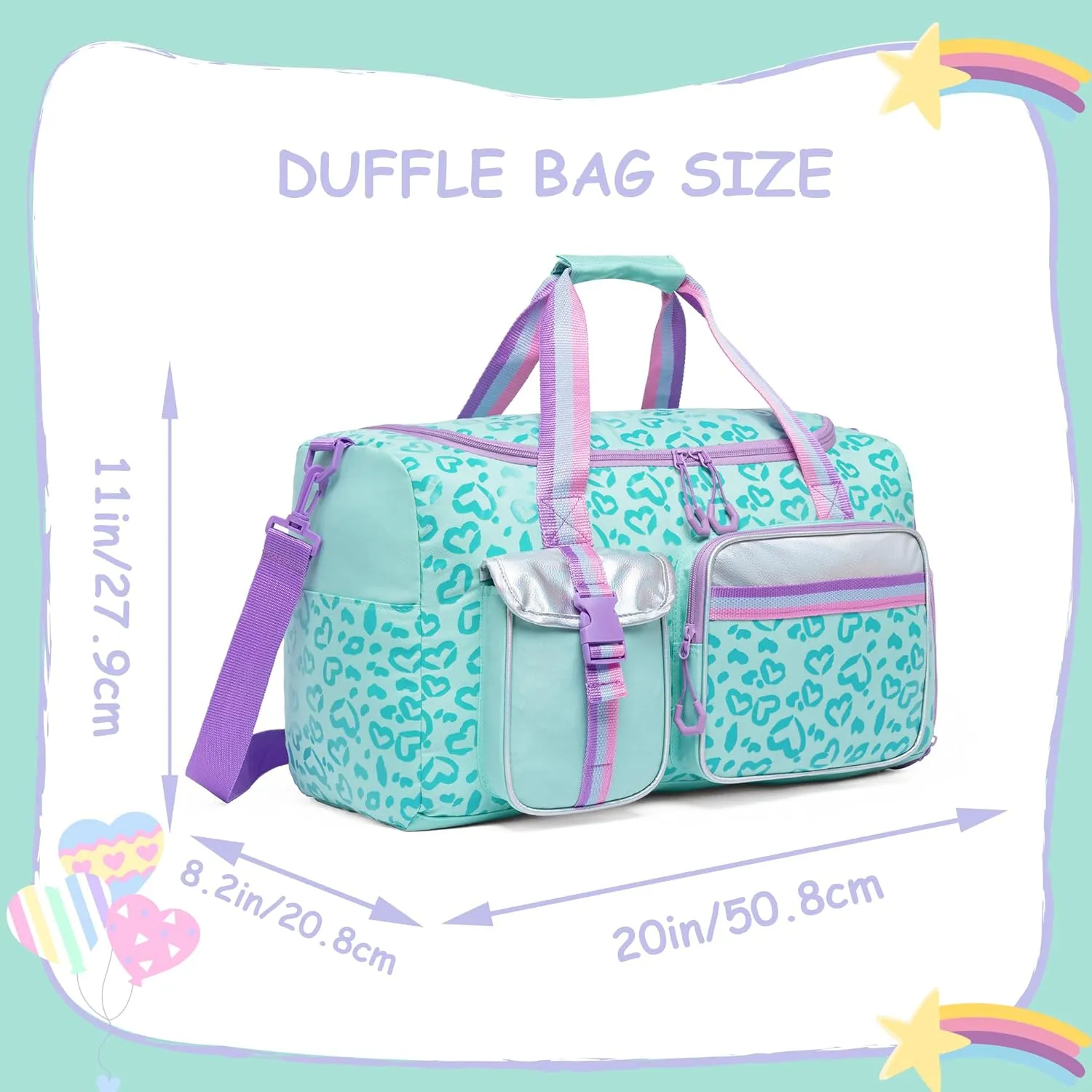 Kids Duffle Bag Girls Women Travel Bag Gifts Overnight Bag for Girls Women Tote Bag Sleepover Bag for Girls Gym Dance Bag with Shoes Compartment, Love Green