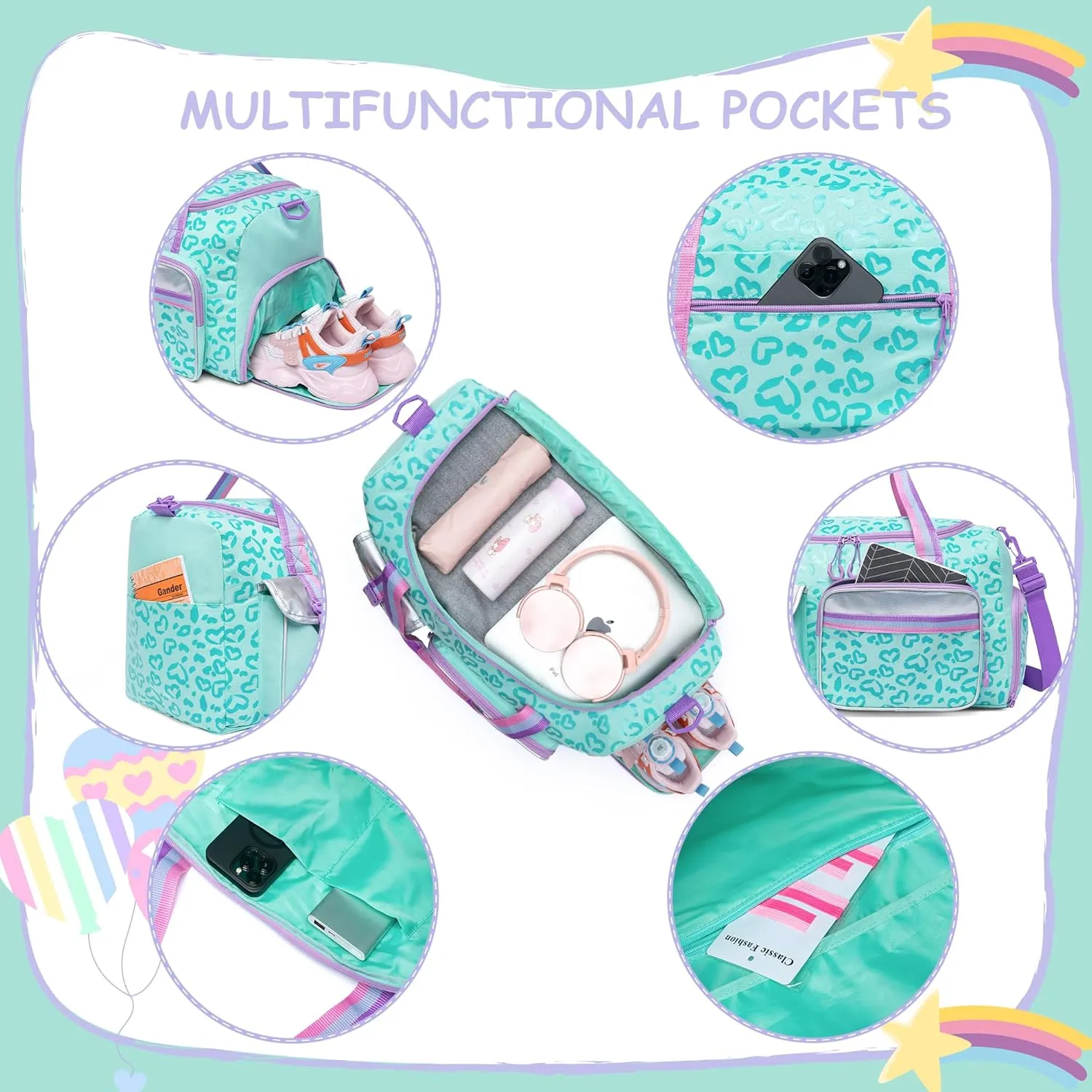 Kids Duffle Bag Girls Women Travel Bag Gifts Overnight Bag for Girls Women Tote Bag Sleepover Bag for Girls Gym Dance Bag with Shoes Compartment, Love Green