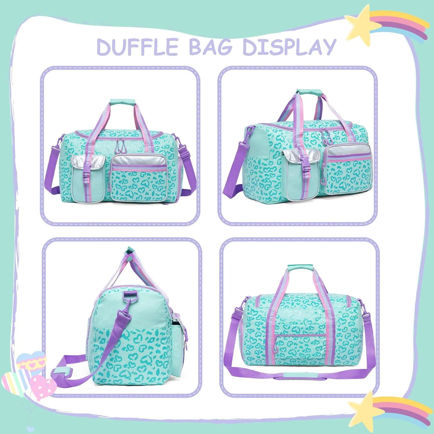 Kids Duffle Bag Girls Women Travel Bag Gifts Overnight Bag for Girls Women Tote Bag Sleepover Bag for Girls Gym Dance Bag with Shoes Compartment, Love Green