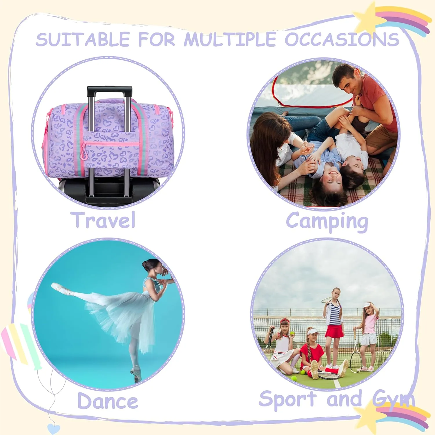 Kids Duffle Bag Girls Women Travel Bag Gifts Overnight Bag for Girls Women Tote Sleepover Bags for Girl Gym Dance Bags with Shoes Compartment