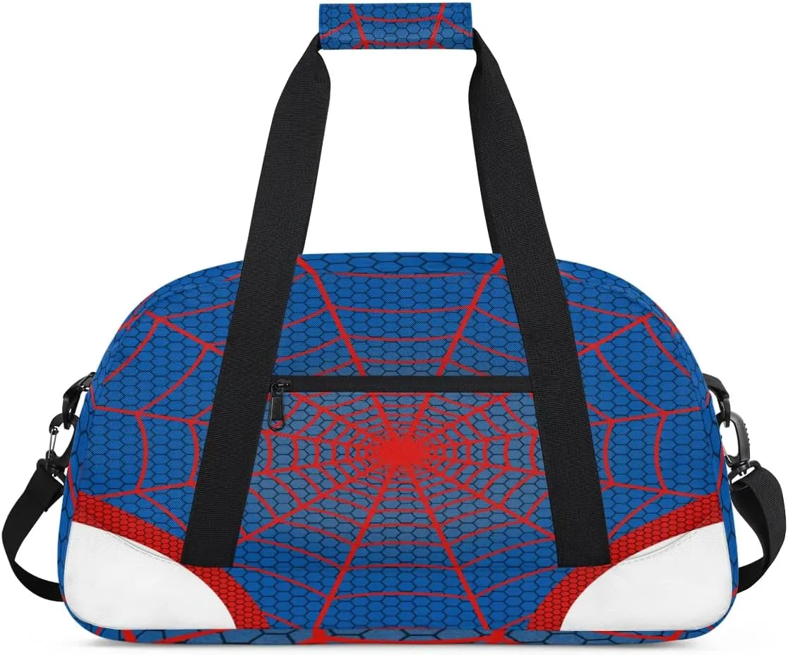 Kids Overnighter Duffel Bags for Boys Girls, Blue Spider Web Carry-On Size Sports Gym Bag for School Practice or Overnight Travel Weekender Sleepover Workout Tote Bag