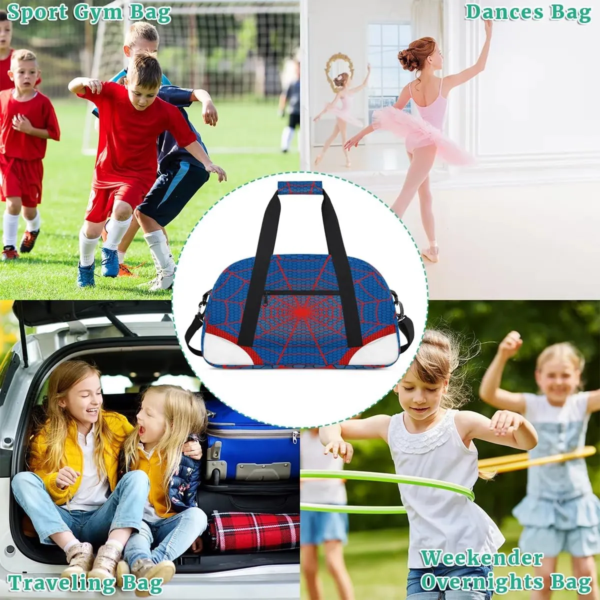 Kids Overnighter Duffel Bags for Boys Girls, Blue Spider Web Carry-On Size Sports Gym Bag for School Practice or Overnight Travel Weekender Sleepover Workout Tote Bag