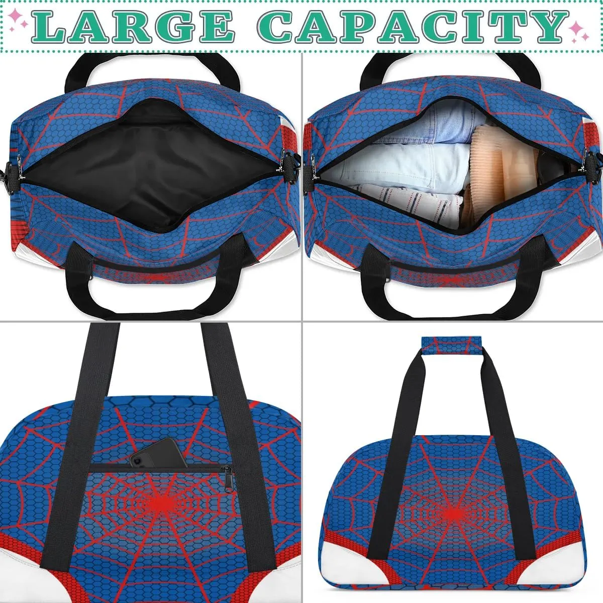 Kids Overnighter Duffel Bags for Boys Girls, Blue Spider Web Carry-On Size Sports Gym Bag for School Practice or Overnight Travel Weekender Sleepover Workout Tote Bag