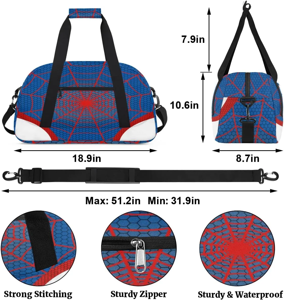 Kids Overnighter Duffel Bags for Boys Girls, Blue Spider Web Carry-On Size Sports Gym Bag for School Practice or Overnight Travel Weekender Sleepover Workout Tote Bag