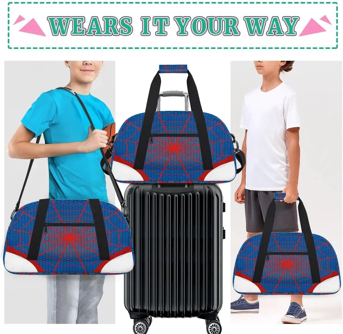 Kids Overnighter Duffel Bags for Boys Girls, Blue Spider Web Carry-On Size Sports Gym Bag for School Practice or Overnight Travel Weekender Sleepover Workout Tote Bag