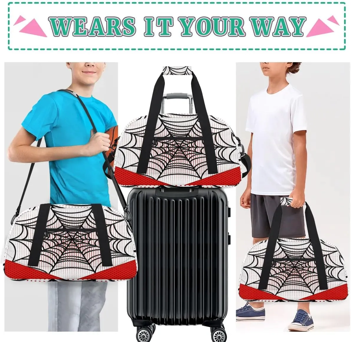 Kids Overnighter Duffel Bags for Boys Girls, Carry-On Size Sports Gym Bag for School Practice or Overnight Travel Weekender Sleepover Workout Tote Bag (White Spider Web)
