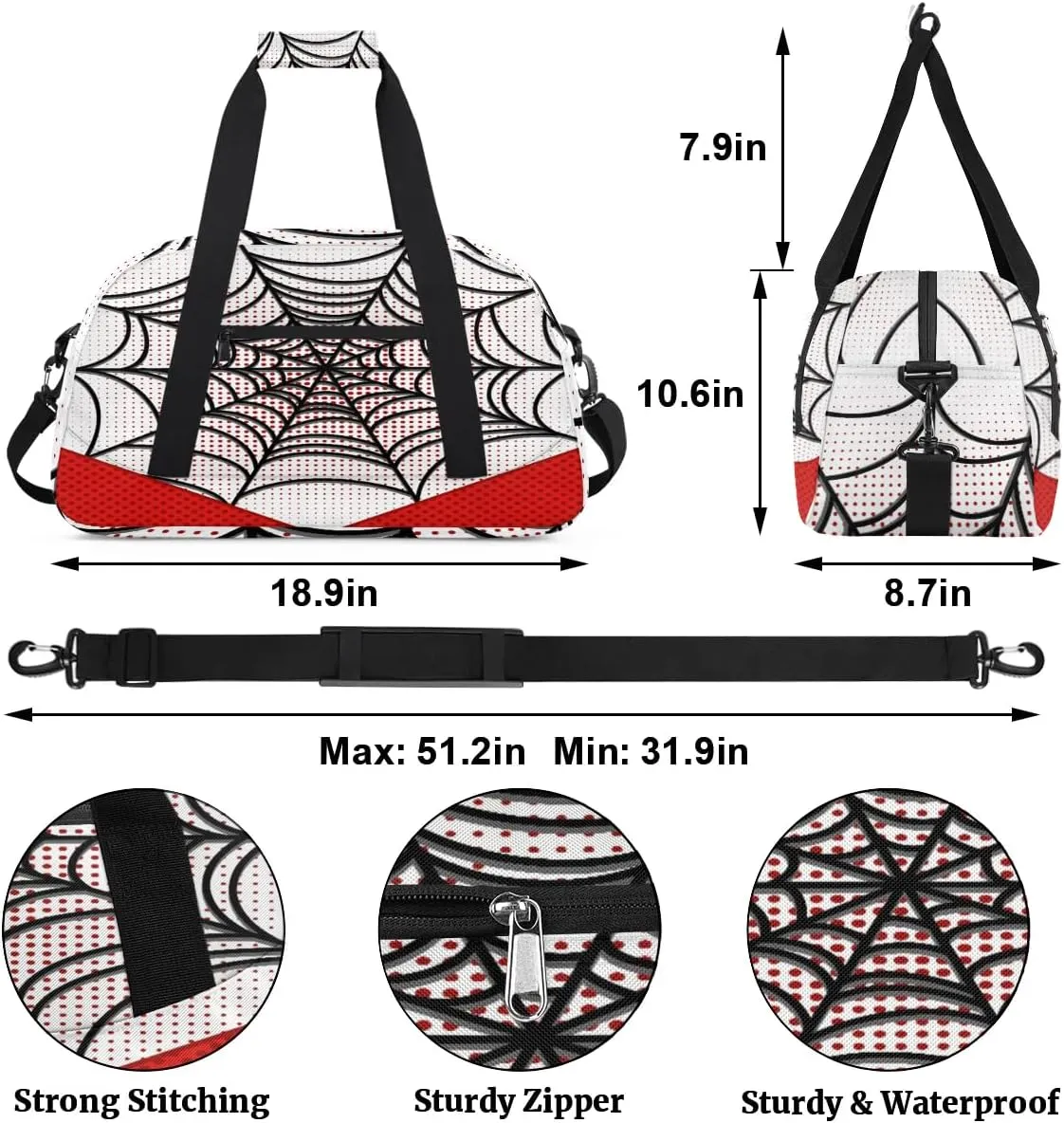 Kids Overnighter Duffel Bags for Boys Girls, Carry-On Size Sports Gym Bag for School Practice or Overnight Travel Weekender Sleepover Workout Tote Bag (White Spider Web)