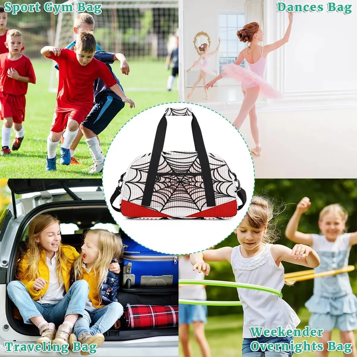 Kids Overnighter Duffel Bags for Boys Girls, Carry-On Size Sports Gym Bag for School Practice or Overnight Travel Weekender Sleepover Workout Tote Bag (White Spider Web)