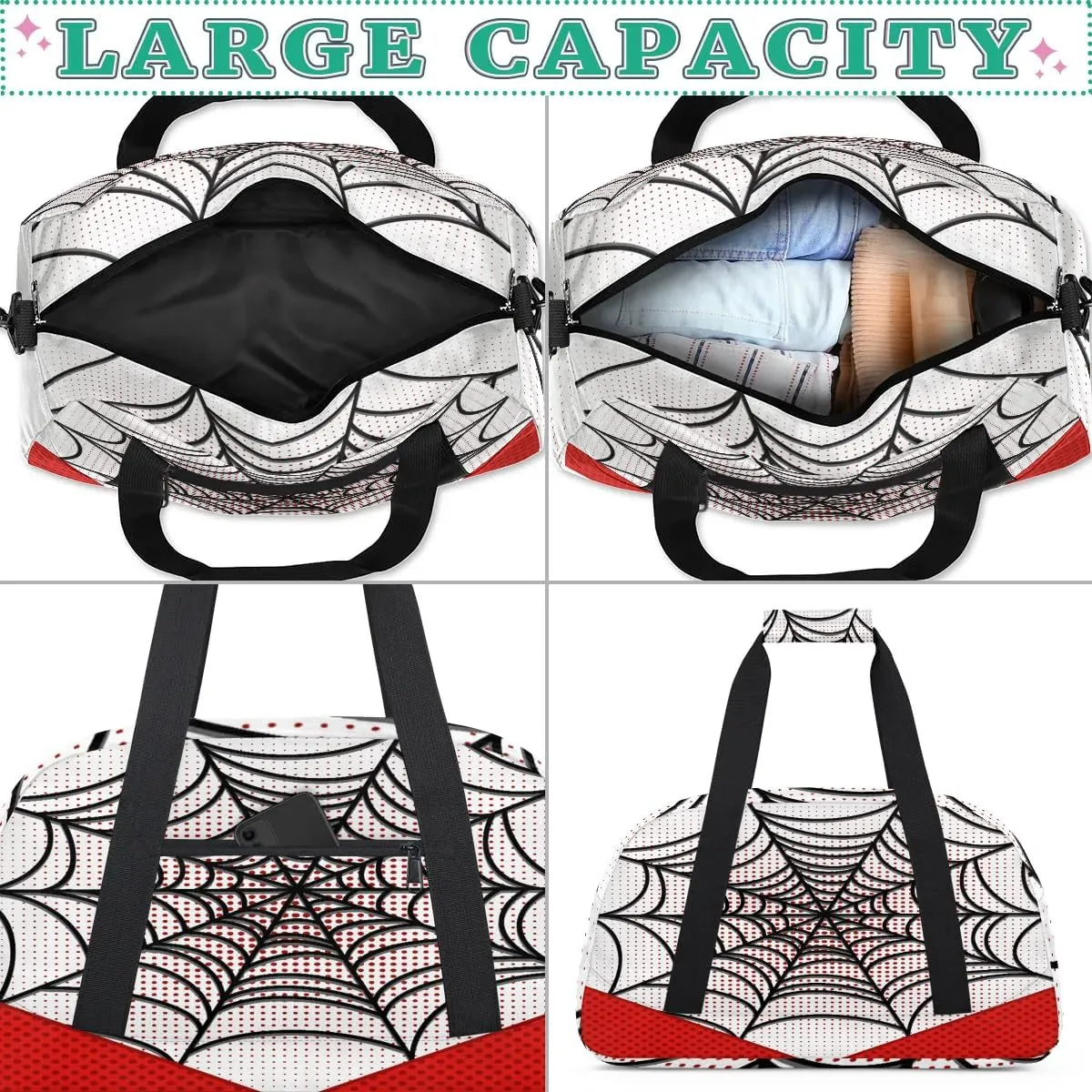 Kids Overnighter Duffel Bags for Boys Girls, Carry-On Size Sports Gym Bag for School Practice or Overnight Travel Weekender Sleepover Workout Tote Bag (White Spider Web)