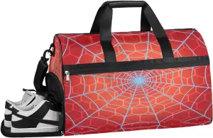 Kids Overnighter Duffel Bags for Boys Girls, Carry-On Size Sports Gym Bag with Shoe Compartments for School Practice or Overnight Travel Weekender Sleepover Tote Bag, Red Spider Web