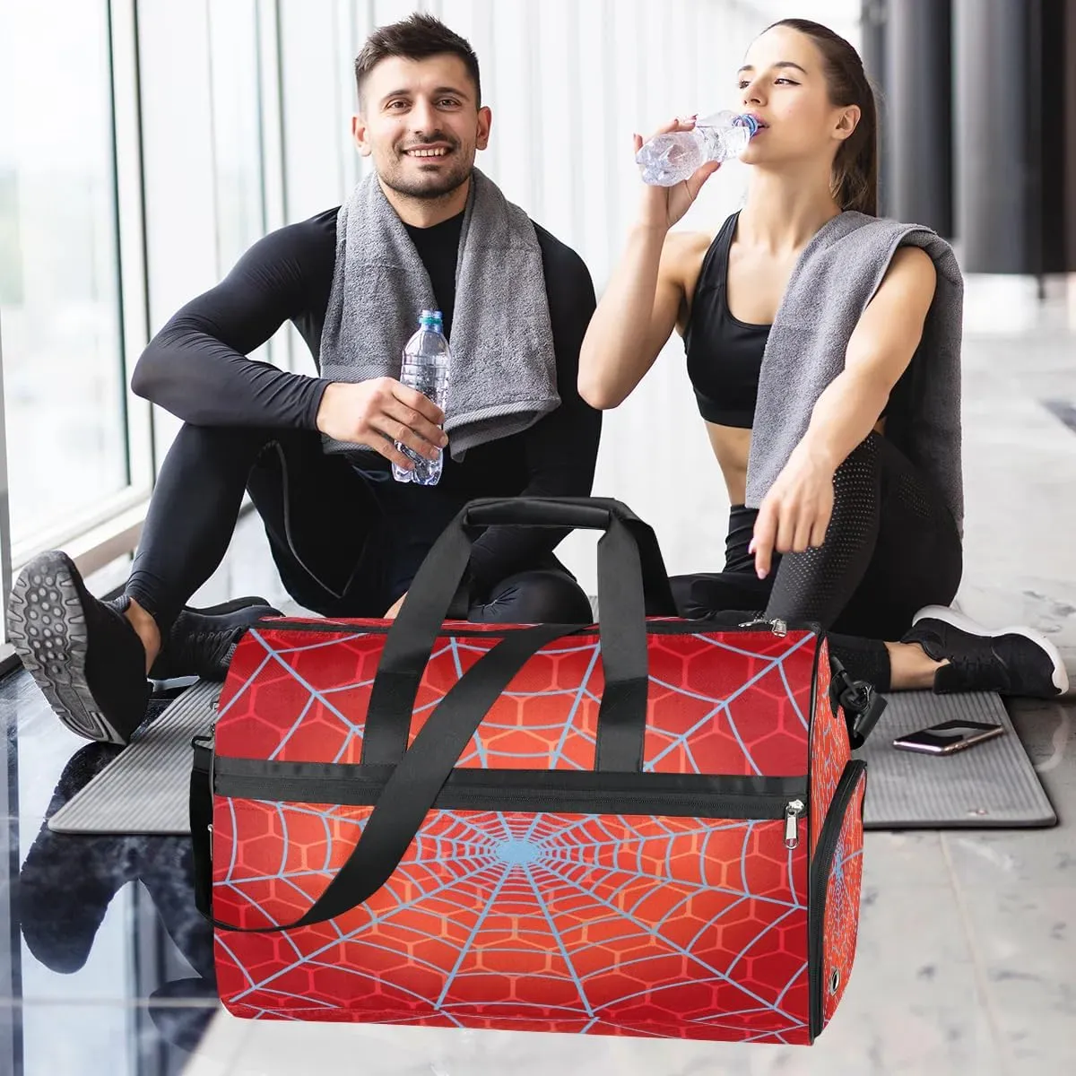 Kids Overnighter Duffel Bags for Boys Girls, Carry-On Size Sports Gym Bag with Shoe Compartments for School Practice or Overnight Travel Weekender Sleepover Tote Bag, Red Spider Web
