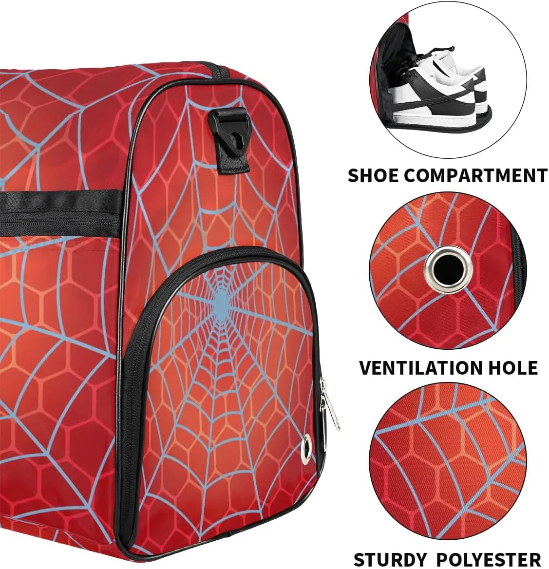 Kids Overnighter Duffel Bags for Boys Girls, Carry-On Size Sports Gym Bag with Shoe Compartments for School Practice or Overnight Travel Weekender Sleepover Tote Bag, Red Spider Web