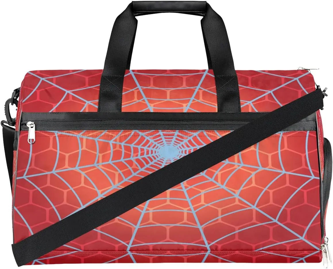 Kids Overnighter Duffel Bags for Boys Girls, Carry-On Size Sports Gym Bag with Shoe Compartments for School Practice or Overnight Travel Weekender Sleepover Tote Bag, Red Spider Web
