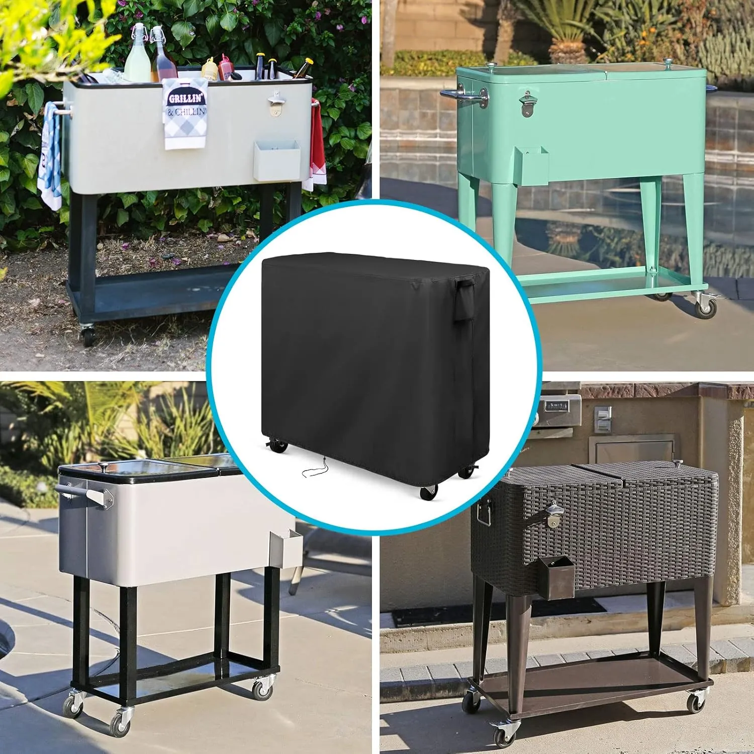 Kingling Cooler Cart Cover Fits Keter 89.8 Quart Patio Cooler, Waterproof Patio Party Rolling Ice Chest with Wheels Outdoor Cooler Cart Cover Black - 38''L x24''W x35''H