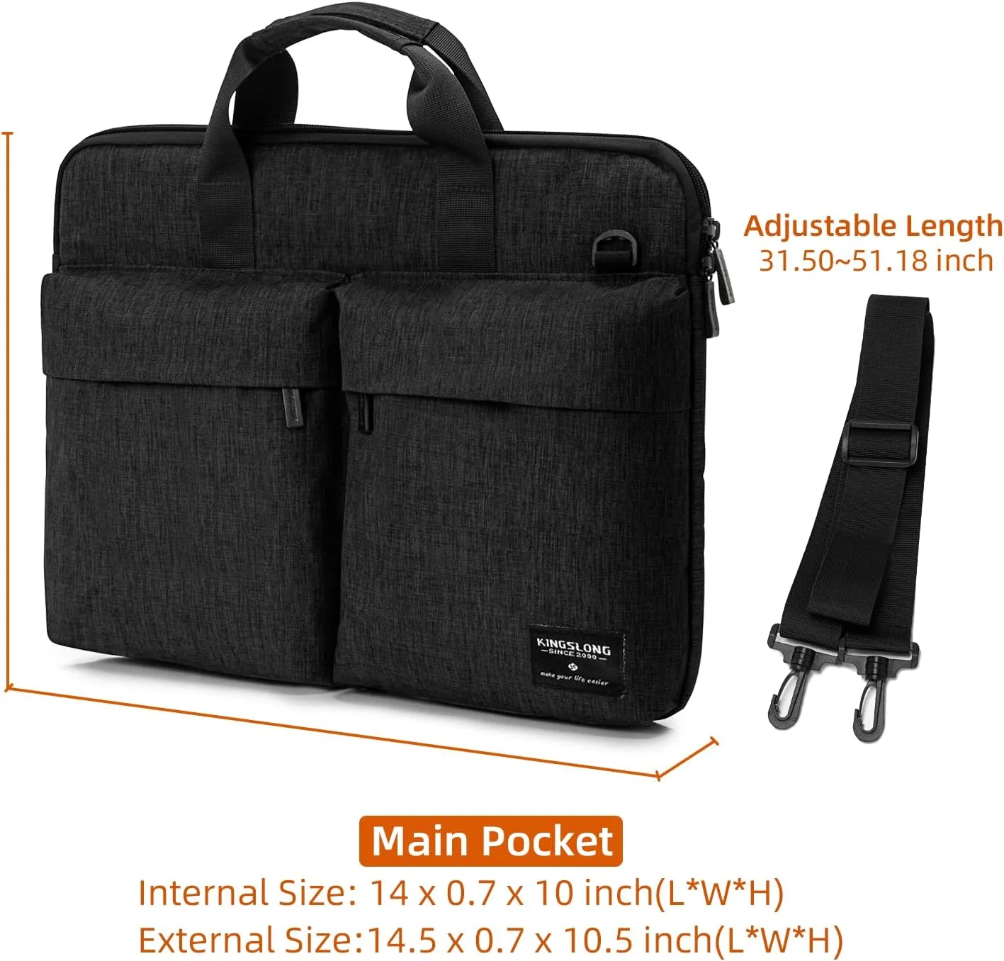 KINGSLONG 14 inch Laptop Bag with Shoulder Strap, Messenger Bag, Slim Computer Carrying Case Notebook Handbag for Men Women Fit for Acer Asus Lenovo HP Toshiba, Black