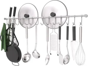 Kitchen Rail with Hooks, 30" Utensil Hanger with 15 Pcs Noiseless Sliding Hooks, Organizer Storage Holder Wall Mounted for Kitchen/Bathroom/Bedroom, 304 Stainless Steel, Silver