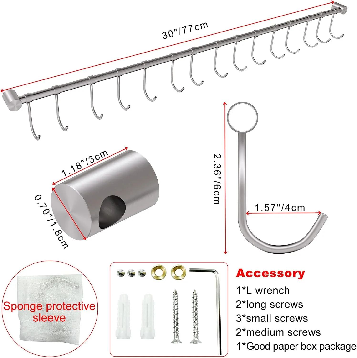 Kitchen Rail with Hooks, 30" Utensil Hanger with 15 Pcs Noiseless Sliding Hooks, Organizer Storage Holder Wall Mounted for Kitchen/Bathroom/Bedroom, 304 Stainless Steel, Silver