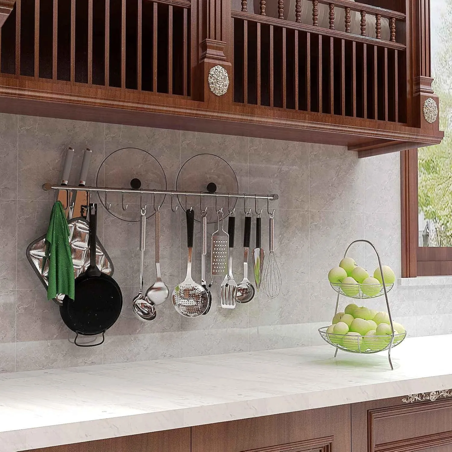 Kitchen Rail with Hooks, 30" Utensil Hanger with 15 Pcs Noiseless Sliding Hooks, Organizer Storage Holder Wall Mounted for Kitchen/Bathroom/Bedroom, 304 Stainless Steel, Silver