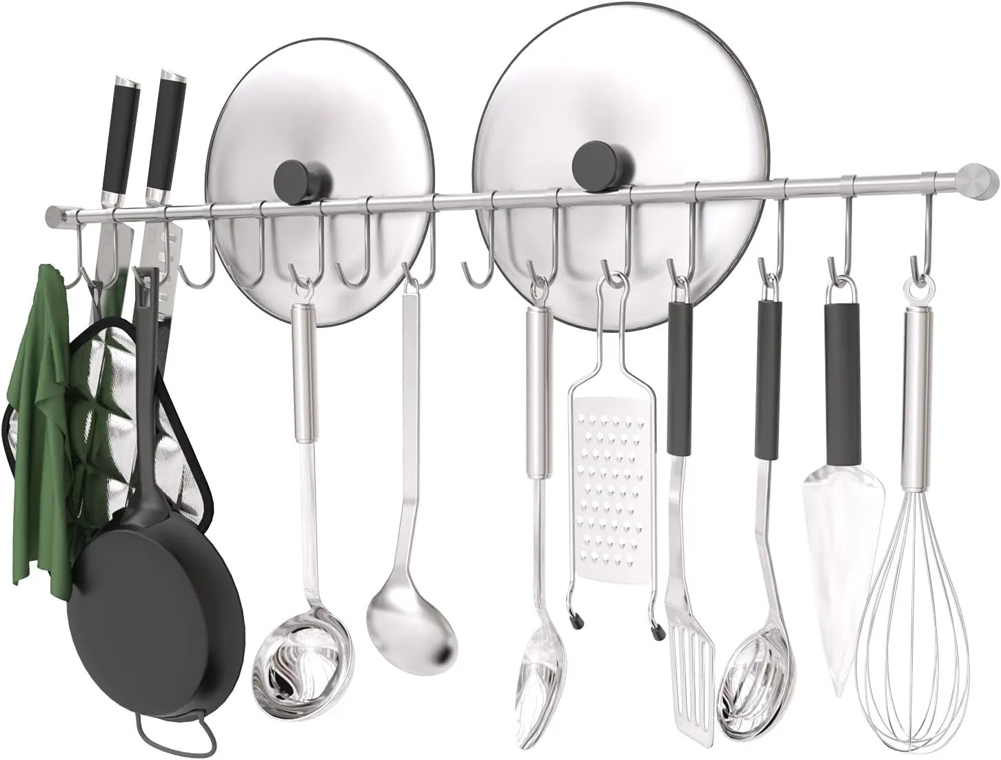 Kitchen Rail with Hooks, 30" Utensil Hanger with 15 Pcs Noiseless Sliding Hooks, Organizer Storage Holder Wall Mounted for Kitchen/Bathroom/Bedroom, 304 Stainless Steel, Silver