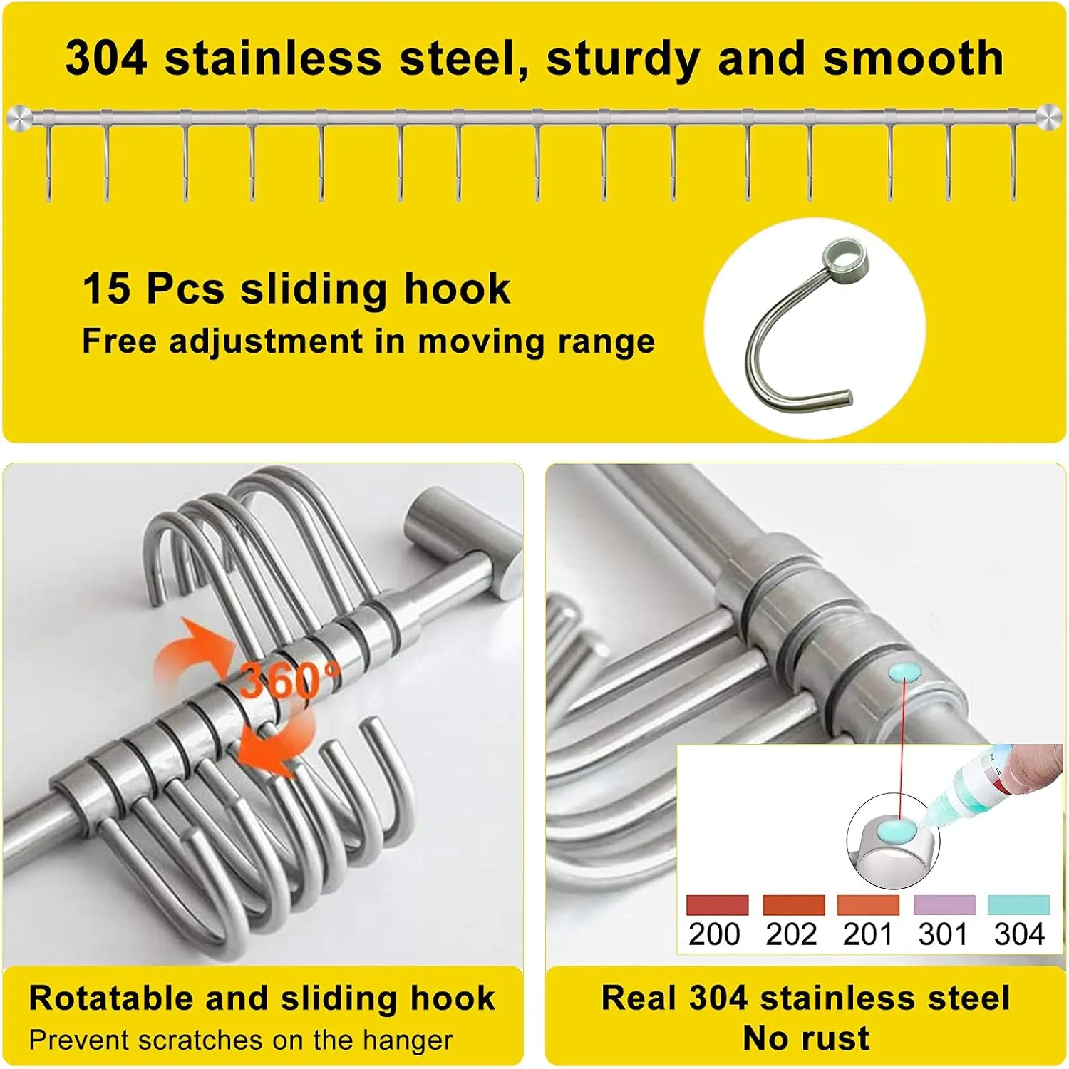Kitchen Rail with Hooks, 30" Utensil Hanger with 15 Pcs Noiseless Sliding Hooks, Organizer Storage Holder Wall Mounted for Kitchen/Bathroom/Bedroom, 304 Stainless Steel, Silver