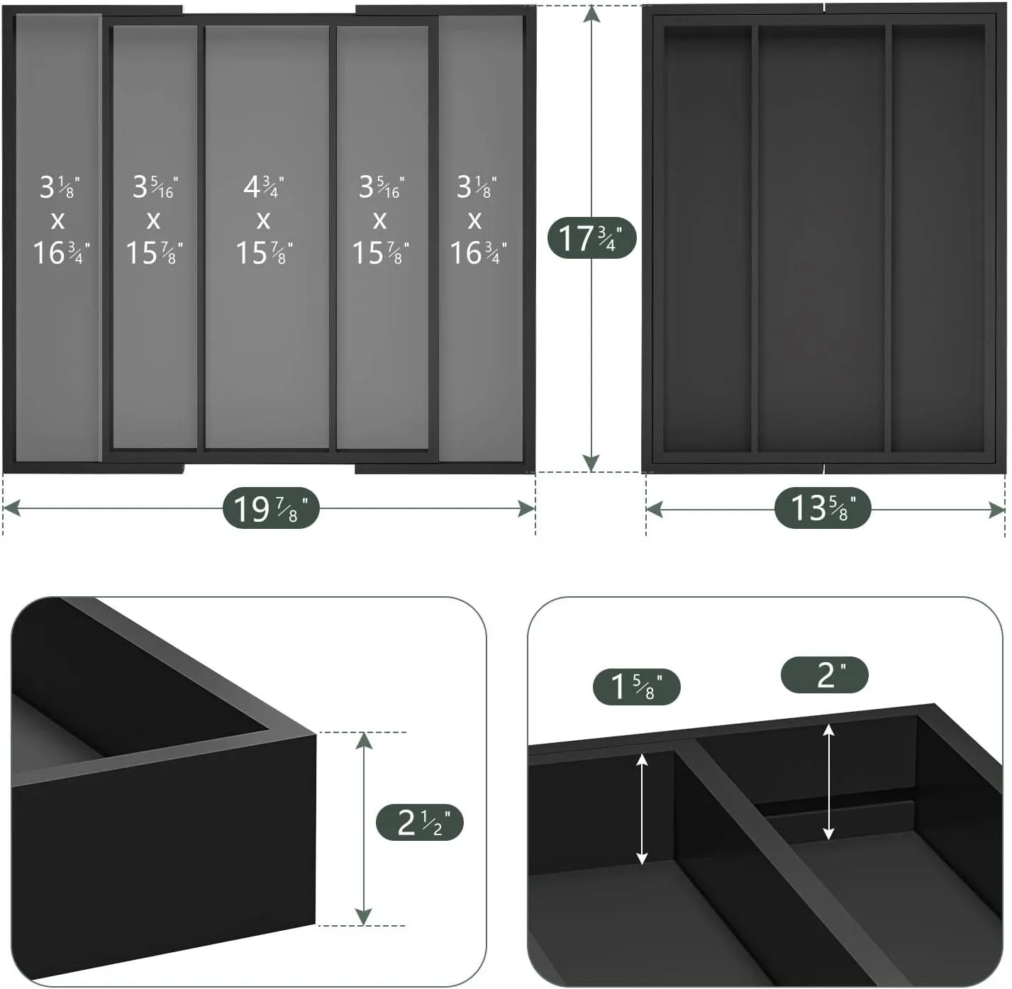 Kitchen Utensil Organizer Silverware Tray - Bamboo Flatware Organizer Expandable 5 Slots Multipurpose Silverware Organizer for Office Storage Garage Organization W13.7"-19.9" x L17.6" X H2.5" (Black)