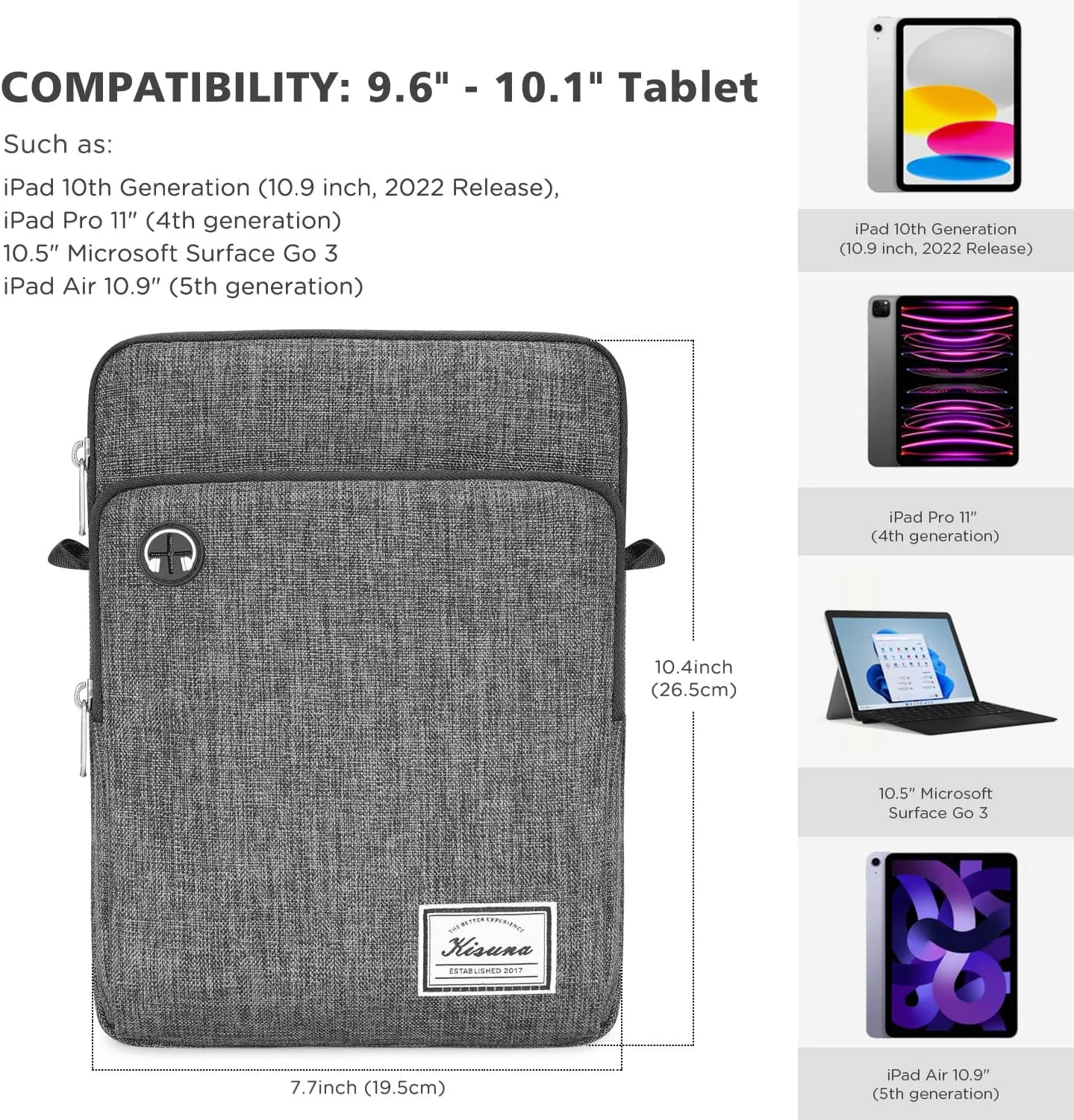 KIZUNA Tablet Sleeve Case 10 Inch Water Resistant Shoulder Messenger iPad Bag for 9.7" 10.5" 11" iPad Pro M2/10.9" iPad A14 Air 5/10.5" Surface Go 3/10.5" Samsung Galaxy Tab A S6/Huawei MediaPad,Grey
