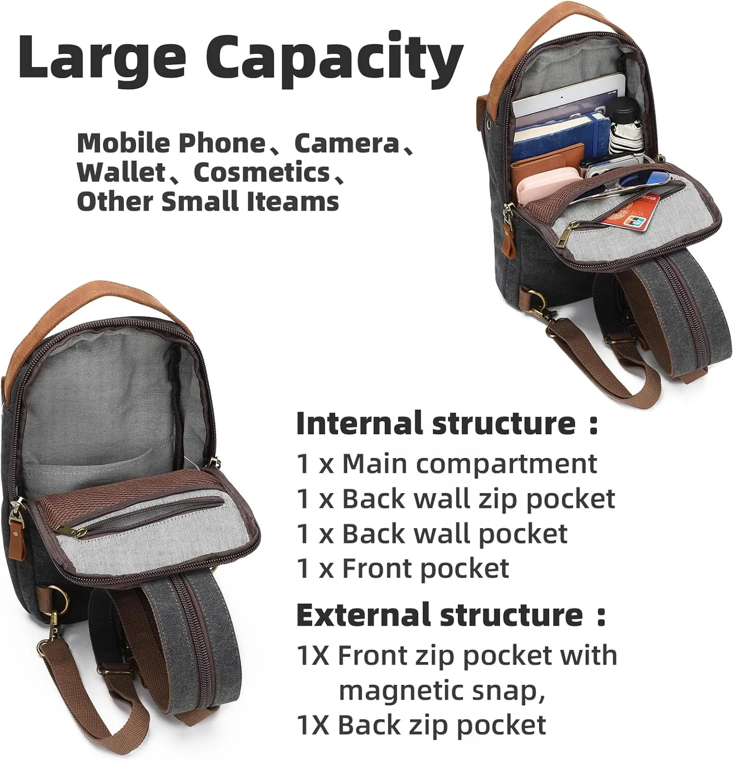 KL928 Canvas Sling Bag Crossbody Backpack Sling Backpack Shoulder Bag Casual Daypacks for Men Women