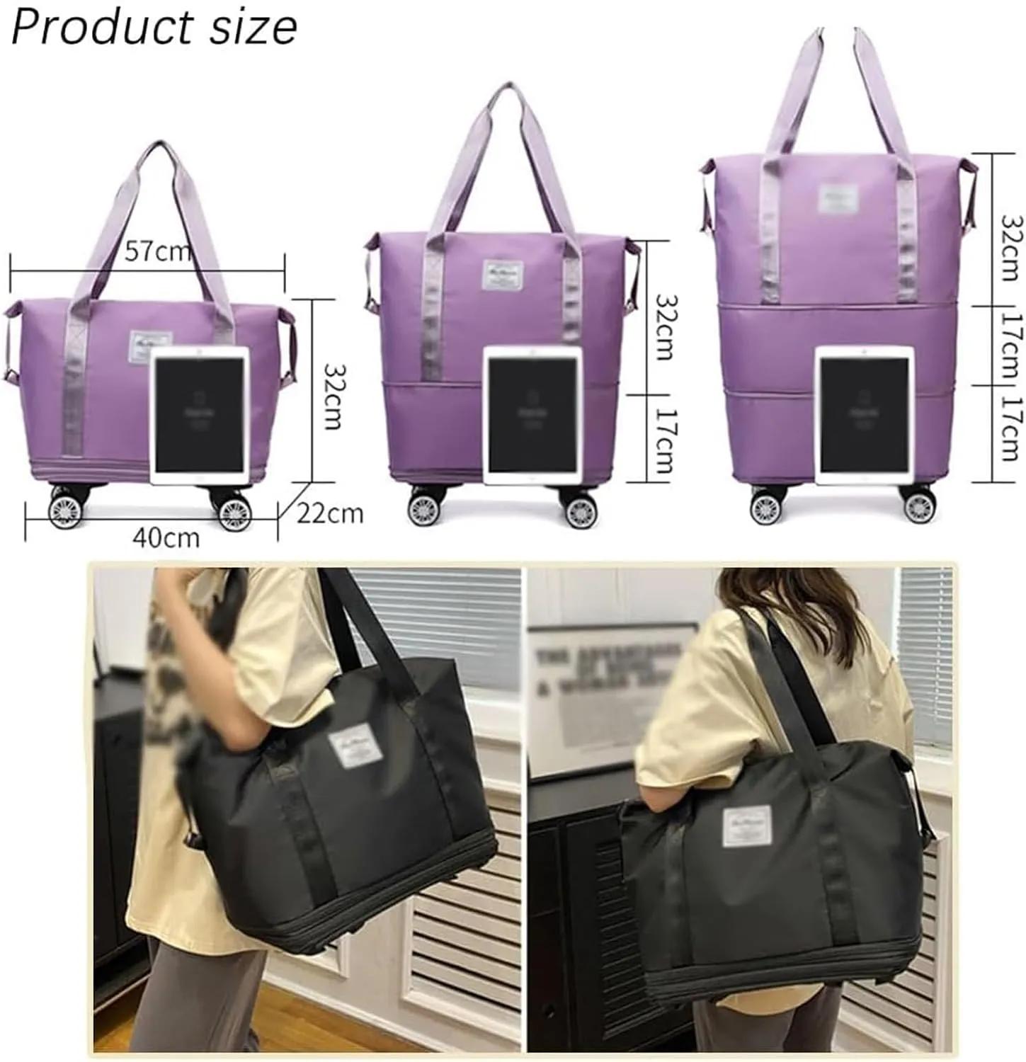 Klarson Expandable Bag with Wheels, Scratch Expandable Travel Duffle Bag with Wheels, Collapsible Rolling Duffle (Black)