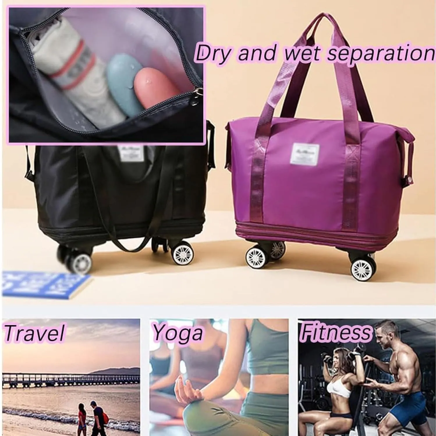 Klarson Expandable Bag with Wheels, Scratch Expandable Travel Duffle Bag with Wheels, Collapsible Rolling Duffle (Black)