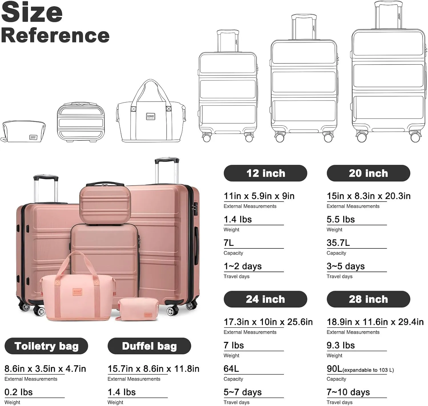 Kono Luggage Set 4 Piece Carry On Hardside Luggage with TSA Lock Spinner Wheels Carry On Suitcase Nude/Rose Gold
