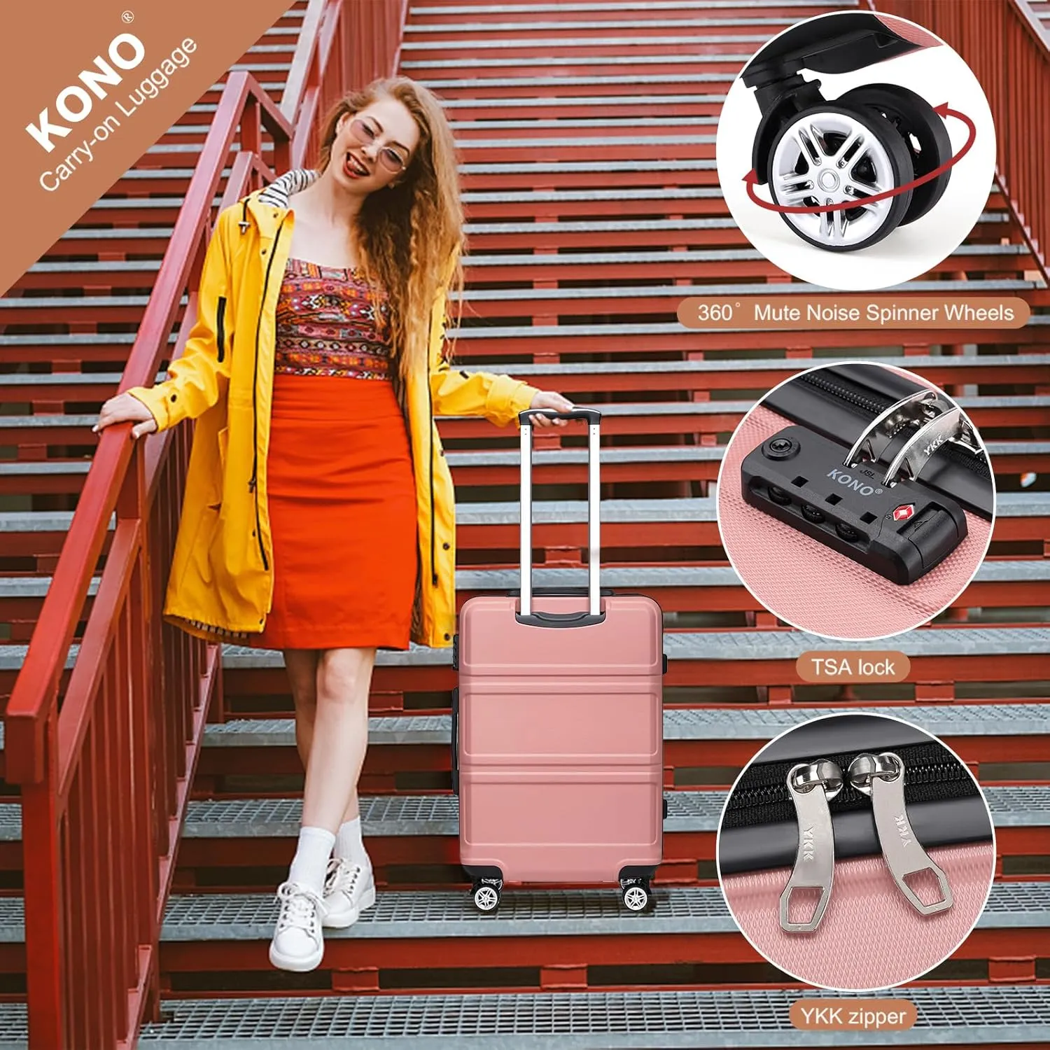 Kono Luggage Set 4 Piece Carry On Hardside Luggage with TSA Lock Spinner Wheels Carry On Suitcase Nude/Rose Gold