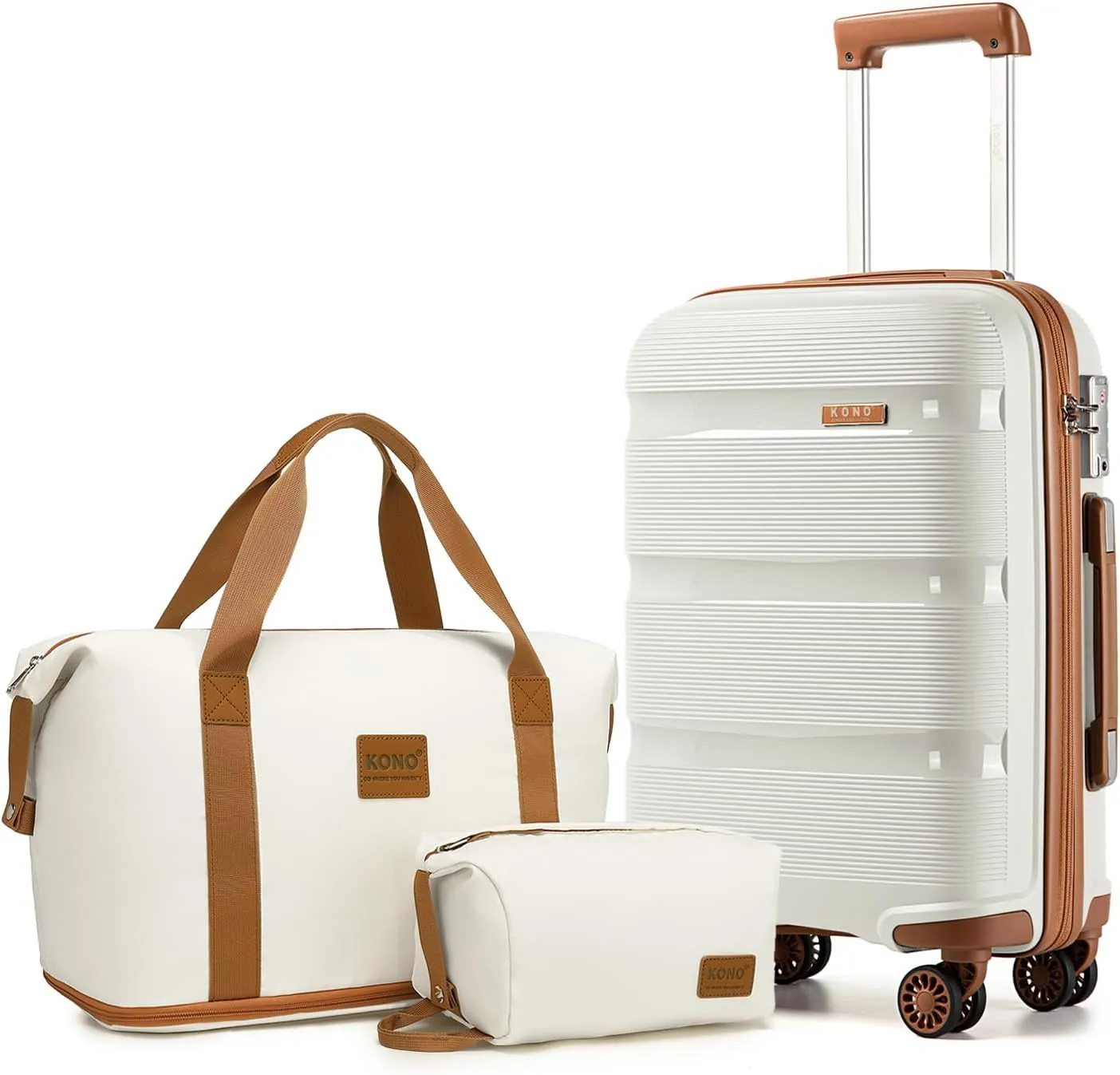 Kono Luggage Sets 3 Piece Hard Shell Travel Trolley 4 Spinner Wheels Lightweight Polypropylene Suitcase with TSA Lock, Cream White 3 piece set (DB/TB/20 inch)